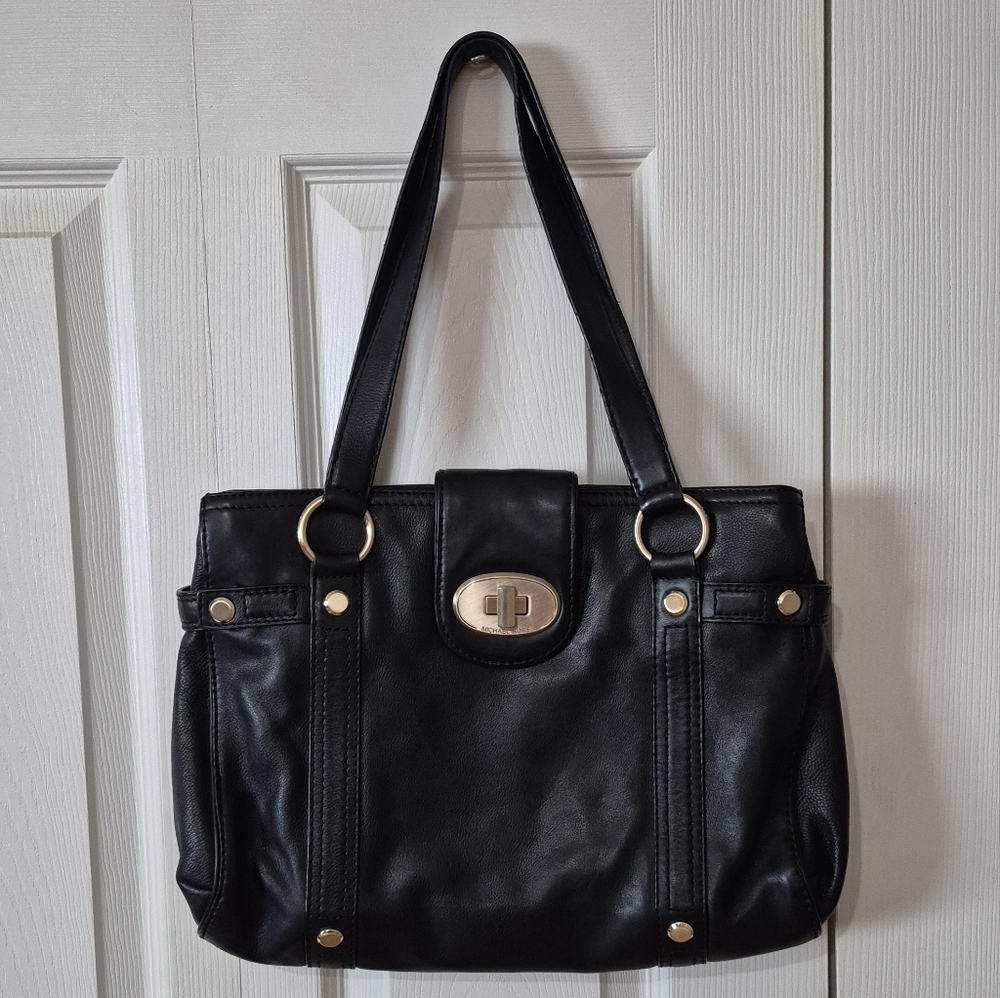 Michael Kors Black Genuine Leather Shoulder Bag With Lock Closure